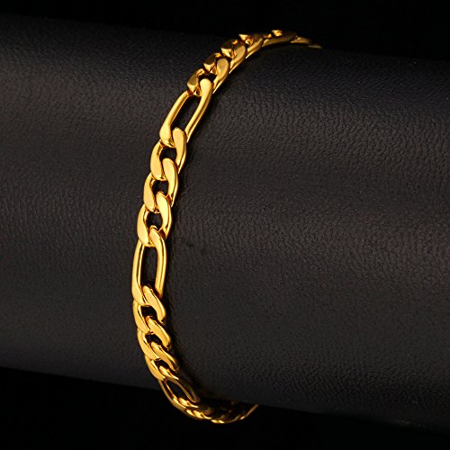 U7 5Mm Figaro Chain Boy Men Fashion Jewelry 18K Gold Plated Stainless Steel Link Bracelet & Necklace Set (8.3",20") #TOP2