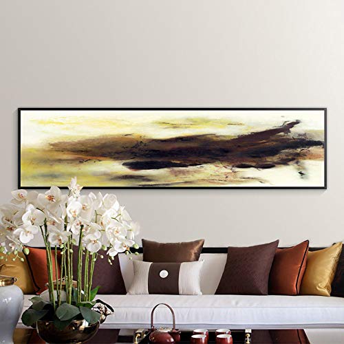 Toile Art Peinture KEBIA Jaune et Noir Format XXL 70x250cm Sans Cadre