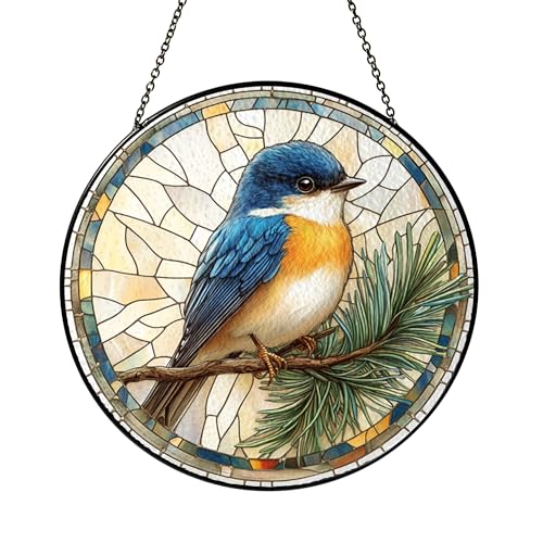 Round Stained Glass Blue Tit Window Art Bird on Pine Branch