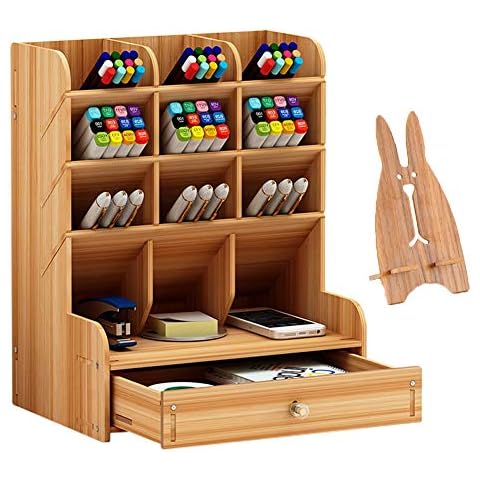 Marbrasse Wooden Desk Organizer, Multi-Functional DIY Pen Holder, Organizer for desk, Desktop Stationary, Easy Assembly, Home Office Art Supplies Storage with Drawer (B11-Cherry Color) Cover
