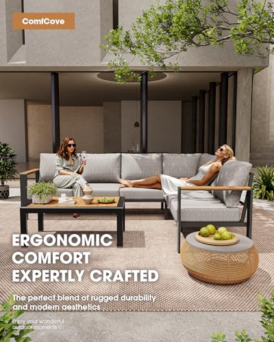 Image of Aluminum Outdoor Patio Furniture Set 8 Seats, Outdoor Sectional Corner Sofa, Patio Conversation Sets with Coffee Table & Washable Thick Cushions, Outdoor Furniture for Backyard, Porch, Gray