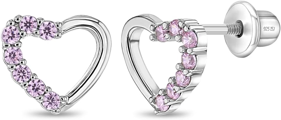 925 Sterling Silver Pink Cubic Zirconia Open Heart Screw Back Earrings for Toddlers & Young Girls - Stylish Pink CZ Earrings - Crystal Encrusted Open Heart Stud Earrings