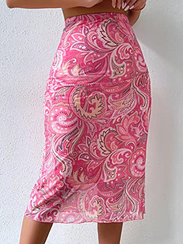 Soly Hux Women's High Waist Silk Satin Flared A Line Midi Skirt Pink Paisley Xs #TOP2