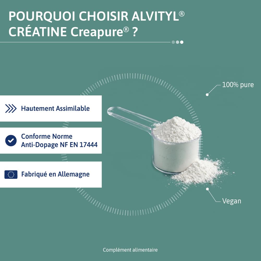 Alvityl Créatine Monohydratée Creapure 100% Pure Poudre 88 portions 300 g | Creapure® hautement assimilable, goût neutre, 3 g/jour, améliore les performances physiques, excerices hautes intensités