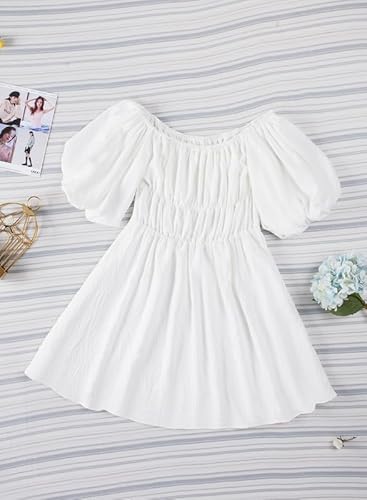 Dokotoo Off Shoulder Summer Dresses For Women 2024 Lantern Sleeve Elastic Waist White Dress Casual Ruffle A-Line Mini Dresses For Wedding Guest Small thumb #2