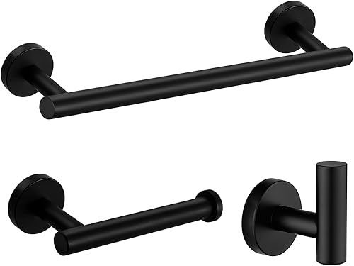 Nolimas Juego de 3 piezas de accesorios de baño negro mate SUS304 de acero inoxidable redondo montado en la pared, incluye barra de toalla de mano