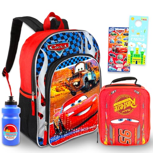 Disney Cars Backpack and Lunch Bag Set - Bundle with 16” Disney Cars Backpack, Lunch Box, Stickers, More | Lightning McQueen School Supplies for Kids