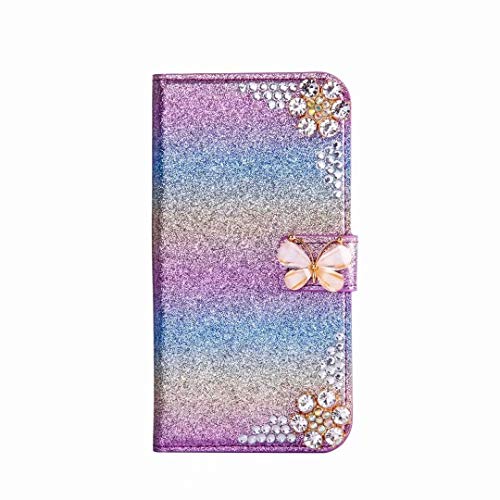 Bumina Hülle Case für Samsung Galaxy A41 Glitzer Bling Strass Perlen Diamant Weiß Schmetterling Handyhülle Flip Schutzhülle mit Standfunktion Handytasche Cover PU Handy Schutz Handyhülle Mädchen
