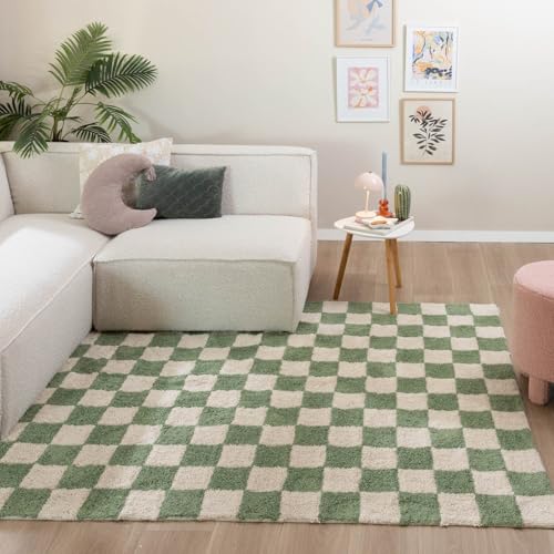 FRAAI | Home & Living Volero Retro Teppich - Gambit Grün Weiß - Symmetrische, Blöcke - Hochflor - Retro - Wohnzimmer, Kinderzimmer, Schlafzimmer - Rechteckig - 160x230 cm