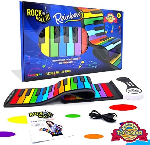 Rock and Roll It - The Original Rainbow Piano. Roll Up Flexible Piano Keyboard for Kids / Beginners. Portable 49 Keys Silicone Piano Pad. Play-by-Color Songbook Included!