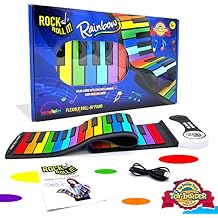 MUKIKIM Rock and Roll It - بيانو قوس قزح الأصلي. لوحة مفاتيح بيانو مرنة قابلة للطي للأطفال / المبتدئين. لوحة سيليكون محمولة مكونة من 49 مفتاحًا. يتضمن كتاب الأغاني حسب اللون!