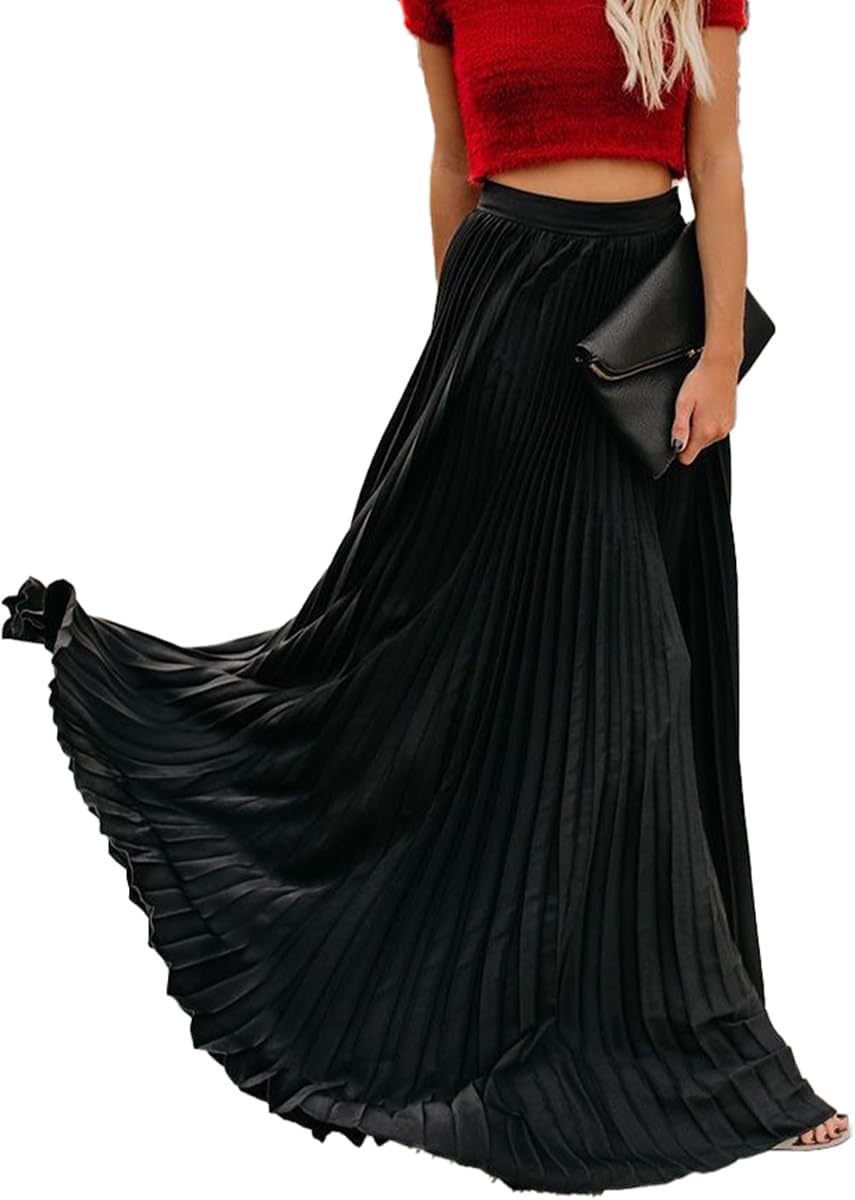 Women's High Elastic Waist Pleated Flowy Swing A-line Maxi Skirts