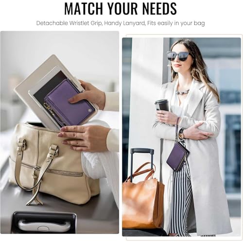 Image of Passport Wallet with AirTag Holder, RFID Blocking Passport Holder for Travel Family, PU Leather Document Organizer with 11 Card Slots & Wrist Strap, Purple