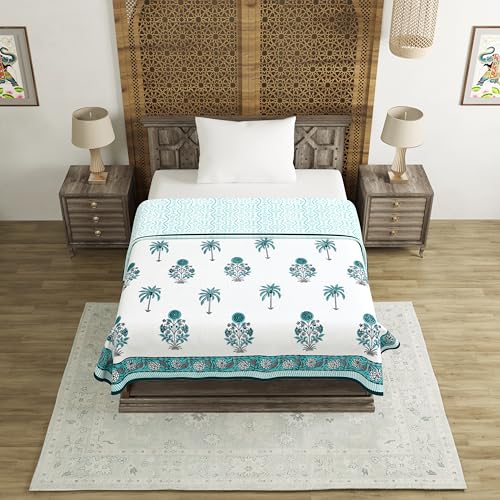 Image of BLOCKS OF INDIA Hand Block Printed Cotton Single Size Reversible Malmal Dohar for Summer (Turq BUTA Tree)