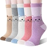 Welwoos Women Merino Wool Cat Socks Thermal Winter Warm Thick Cozy Cute Fun Gifts Crew Boot Socks 5 Pairs Stocking Stuffers(Pink/Purple/Khaki/Gray/White,M)