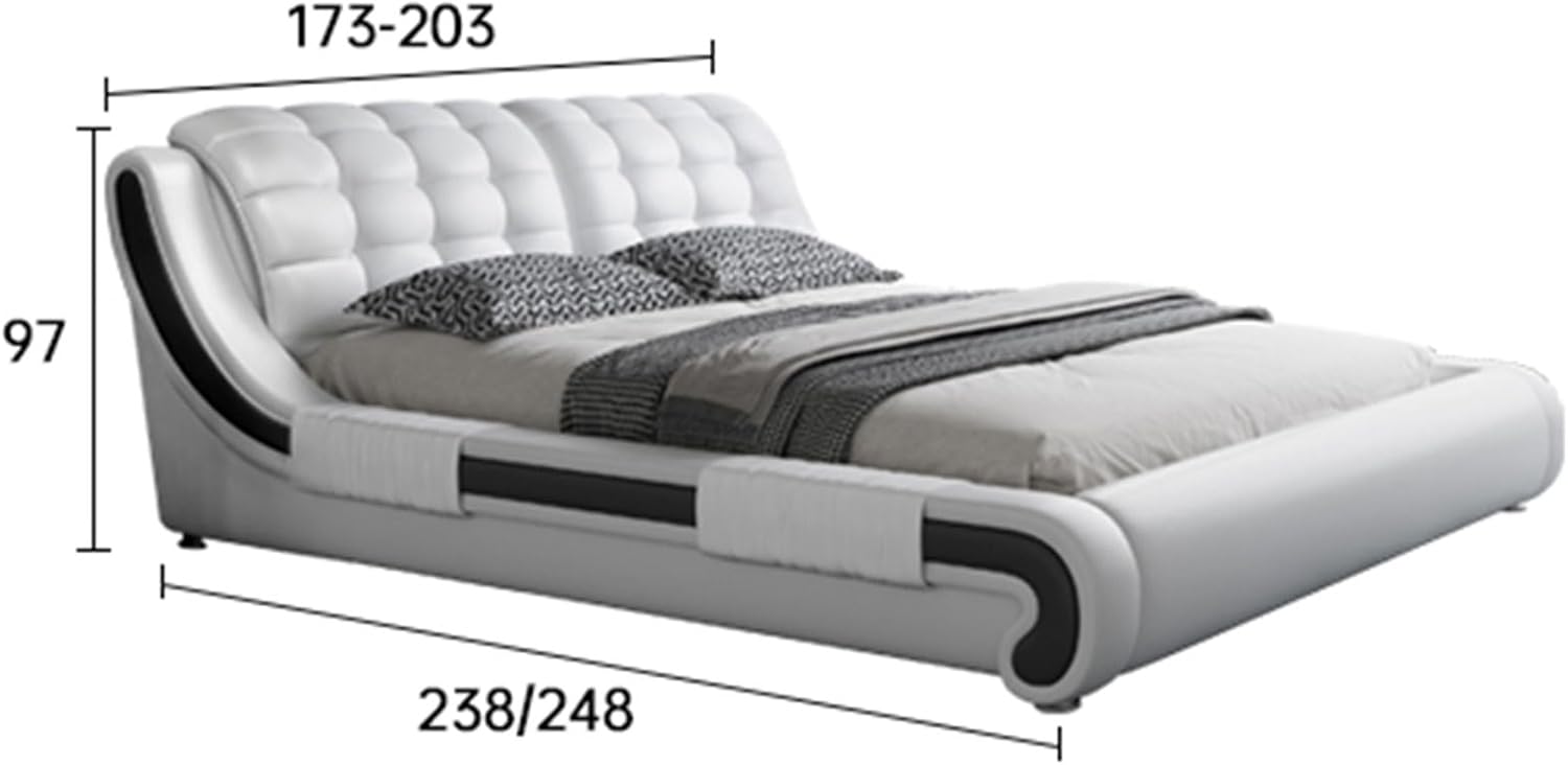 Modern Grey Leather Queen Bed Frame Ergonomic Upholstered Headboard with Heavy Duty Wooden Slat Support Noise-Free