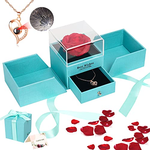 Anzrle Ewige Rose mit Herz Halskette Die Schöne und das Biest Rose Geschenkbox Schmuck konserviert Geschenke für Frauen Valentinstag Muttertag Verpackung Blau Cover