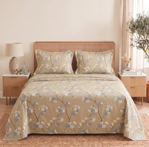 Image of BSB HOME 240 TC Cotton Double Bedsheet with 2 Pillow Covers, Soft & Breathable Bed Sheet for Double Bed, Fade & Wrinkle Resistant, Floral Print, 90 x 100 Inches (228 x 254 cm) - Muted Olive Meadow