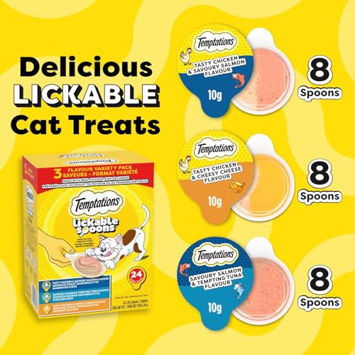 Temptations Lickable Spoons Adult Cat Treats Chicken & Salmon, Salmon & Tuna, Chicken & Cheese Flavours Variety Pack, (24) 10g Spoons - Image 3