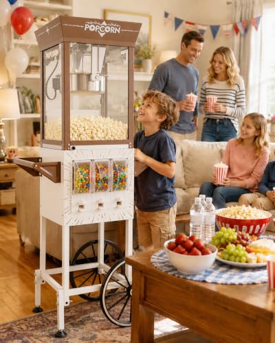 Image of 12 Oz Popcorn Machine with Candy Dispenser for Home Party Office | White, Stainless-Steel, Vintage Commercial Popcorn Maker with Storage Cabinet, Movie Theater Style, Makes Up to 32 Cups