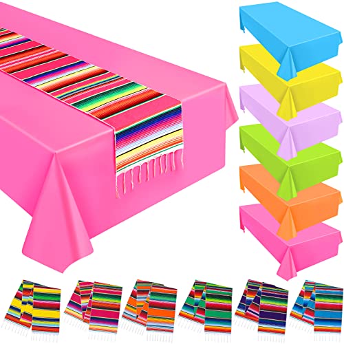 6 Pcs Mexican Serape Table Runners Colorful Zarape Table Cloth Set Fringe Cotton Mexican Table Blankets With 6 Pe Solid Color Tablecloths For Mexican Wedding Cinco De Mayo Fiesta Party #TOP15