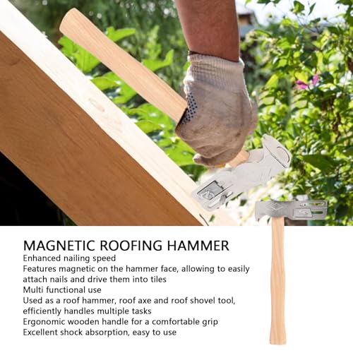 CHEOTIME Magnetic Roofing Hammer, Forged Steel Multifunctional Roof Axe Wooden Handle Roof Shovel with Nail Claw and Cutter for Tile and Shingle Installation