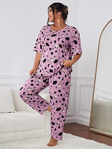 Wdirara Women's Plus Size 2 Piece Sleepwear Cow Print Short Sleeve Top And Pants Pj Set Cartoon Purple 4Xl #TOP4