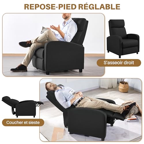 Fauteuil Relax Inclinable 3 Positions Tissu Noir Yaheetech