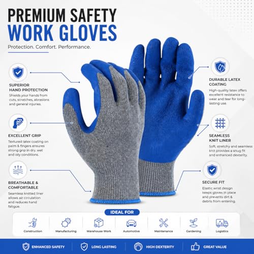 Image of Multipurpose Latex Crinkled Coating Anti Cut Work Safety Industrial Gloves, Hand & Fingers, Mechanical, Construction, Agriculture & Automotive - Durable & Comfortable (BLUEGREY-5PAIR)