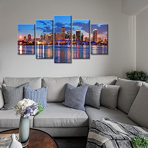 Djsylife 5 Piece Wall Art For Living Room Miami Beach Skyline Wall Decor Florida City Dusk Panoramic Canvas Prints Modern Home Office Colorful Cityscape Artwork Decorations 40" W X 22" H #TOP5
