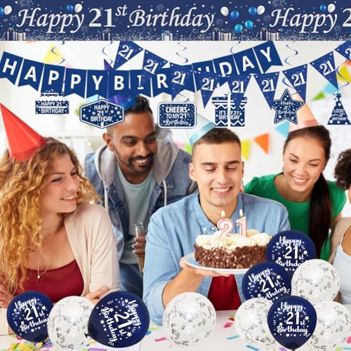Yontree 21st Birthday Decorations - Blue Silver Banner, Bunting, Flags, Swirls, Balloons for Boys' 21st Party - Image 6