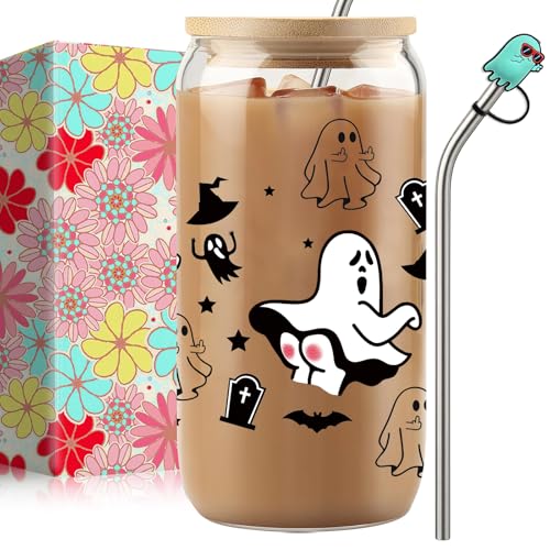 qiyeyeye 16oz Halloween Ghost Glass Cups with Lids and Straws, Cute Ghost Butt Themed Pattern. Iced Coffee Tumblers, Halloween The Gift with Box for Adults & Teens, Include 1 Silicone Straw Covers