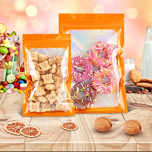 Jtieo 50Pcs Smell Proof Bags Resealable Bags For Food Storage 2.4X3.9Inch Holographic Bags With Clear Window Foil Pouch Packaging Bag Self Sealing Bag For Party Favors, Lipgloss, Jewelry, Candy Orange #TOP3