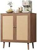 Huuger Buffet Cabinet with Storage, Storage Cabinet with Synthetic Rattan Decor Doors, Accent with Solid Wood Feet, Sideboard for Hallway, Entry, Living Room, Walnut