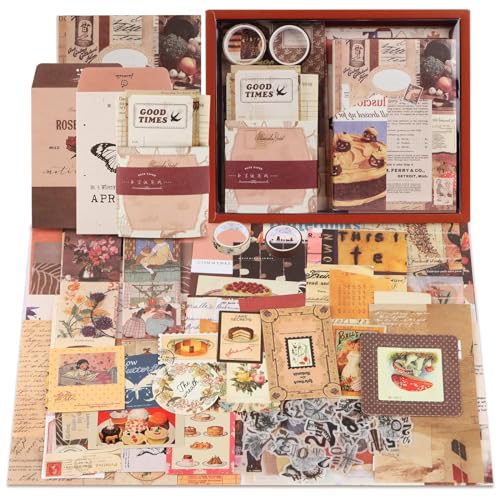 Scrapbooking Supplies Kit Vintage Aesthetic Scrapbook Kit Junk Journal Supplies with Scrapbooking Paper A6 Grid Notebook Journaling Supplies Birthday Craft Gift for Adult Teen Girl Kid (StyleA)