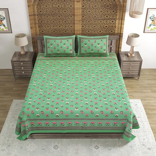Image of BLOCKS OF INDIA Hand Block Printed 200 TC Cotton Super King Size Bedsheet(106 x 106) | Pack of 1, Batik Green Flower