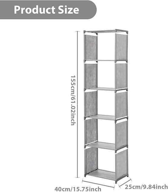 6 Tier 5 Cubes Modern Bookshelf Tall Narrow Bookcase Storage Shelf with Anti-Rust Metal Pipes & ABS Connectors Freestanding Display Unit Organizer for Living Room Bedroom Office Grey