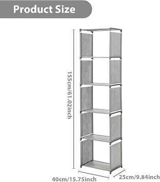 6 Tier 5 Cubes Modern Bookshelf Tall Narrow Bookcase Storage Shelf with Anti-Rust Metal Pipes & ABS Connectors Freestanding Display Unit Organizer for Living Room Bedroom Office Grey