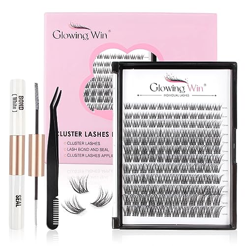Glowing Win Individual Lashes DIY Lash Extensions Kit with Lash Bond&Seal and Applicator 144PCS Cluster Lashes Set Transparent Band Reusable False Eyelash Extensions Natural Look 8-16mm C D Curl