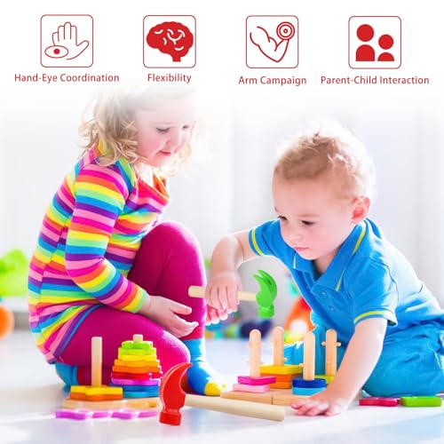 Image of Fowecelt 2 Pack Wooden Hammer Toys Simulation Hammers Maintenance Tools Educational Toys for Kids Birthday Party Games Supplies(Red & Green)