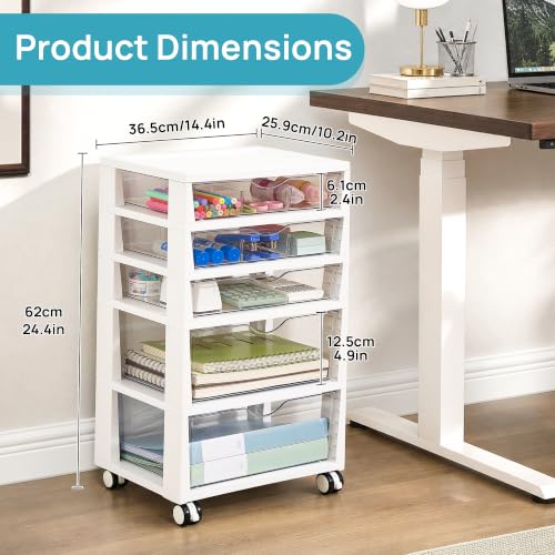 Image of Vtopmart Plastic Drawer Storage Rolling Cart with Wheels, 5-Tier Drawer Organizer for Art Crafts Supplies, Home Office Supplies, Toys, Under Desk Storage for Office, Craft Room, Bedroom, Classroom