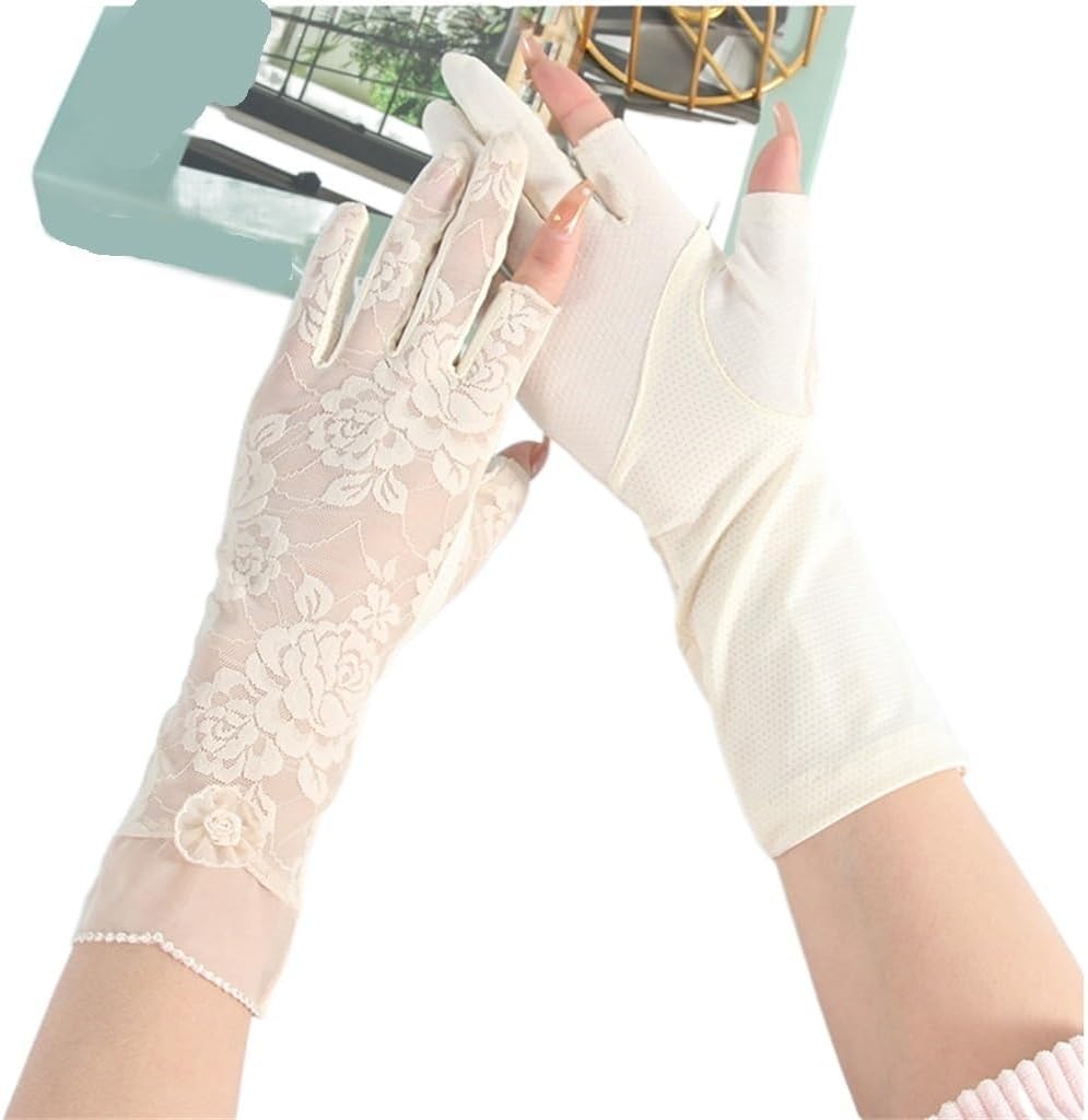 Women's Thin Lace Mid-Length Outdoor Driving and Riding Touch Screen Spring and Autumn Gloves(Black)