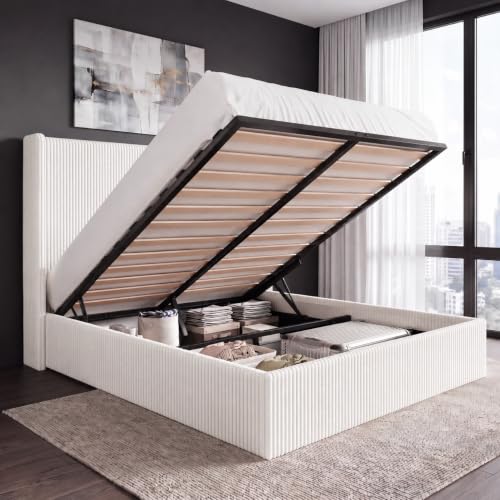 Allewie Queen Size Lift-Up Storage Bed Frame with Modern Wingback Headboard Corduroy Upholstered Platform Bed Hydraulic Gas Lift Support Underbed Storage Wooden Slats No Box Spring Needed White