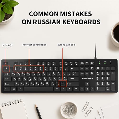 Image of Russian Wired Keyboard with Cyrillic Letters English ЙЦУКЕН Layout | Full Size Design with Number Pad,Suitable for Russian Translation, Self-Study, Academic Research,Non worn characters