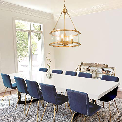 Gold Chandelier, 4-Light Drum Chandelier Lighting, Dining Room Lighting Fixtures Hanging With Seeded Glass Shade, Chandeliers For Dining Rooms, Living Room, Entryway, Foyer, 16.5" D X 22" H  #TOP1