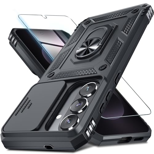 Janmitta Compatible with Samsung Galaxy S26 Case Built in Slide Camera Lens Cover+Screen Protector+Finger Ring Holder Kickstand,Heavy Duty Shockproof Full Body Phone Cover,2026 Black
