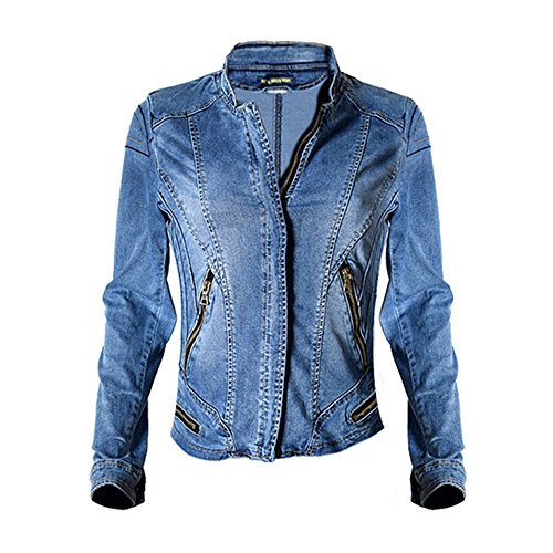 Dreamskull Womens Stand Collar Moto Stretch Denim Jean Jacket Indigo
