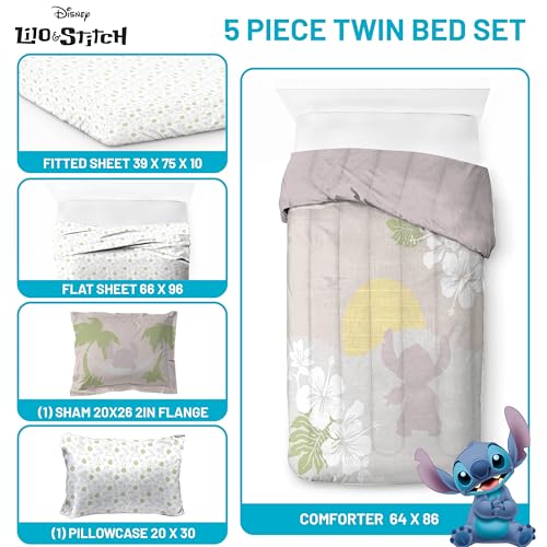 Image of Disney Lilo and Stitch Twin Comforter Set 5 Piece Bedding for Girls, Beige | Bed in a Bag, Comforter Sheets Sham Pillowcase, Official Product, Soft Microfiber, Machine Washable, Easy Care, Girls Gift