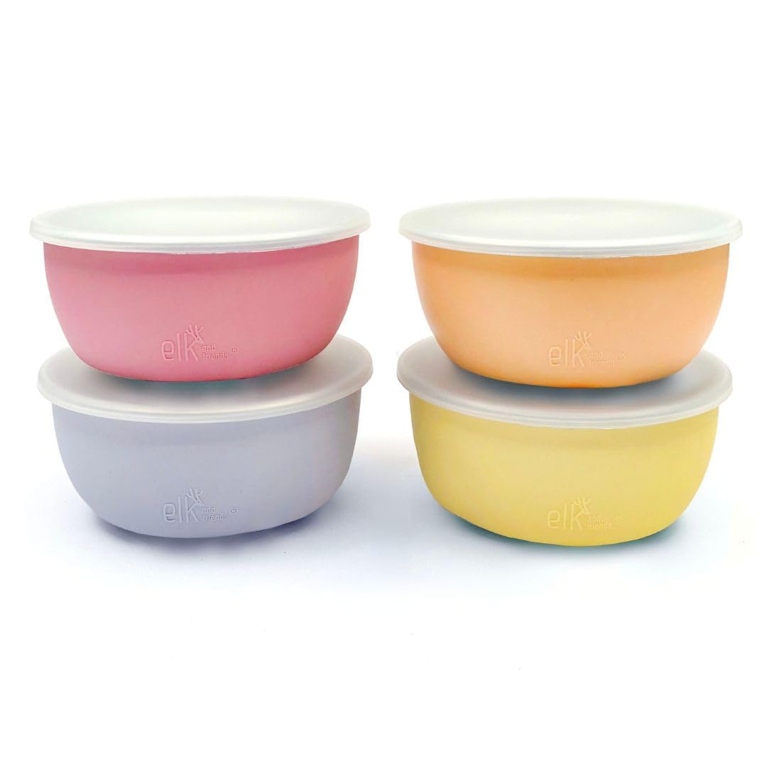 Elk and Friends Stainless Steel Bowls + Silicone Sleeve and Storage Lid | Baby, Toddler, Kids | Cereal & Snack Bowls | Storage Containers | Dishwasher Safe | 4 Pack