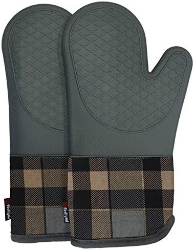 Oven Gloves Heat Resistant Silicone Shell Kitchen for 500 Degrees with waterproof, Set of 2 Oven Mitts with cotton lining for BBQ Cooking set Baking Grilling Black